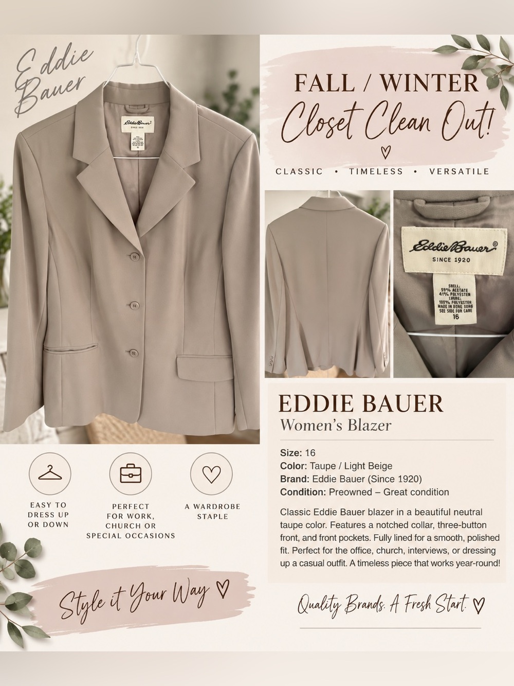 Eddie Bauer Light Beige Women's Blazer